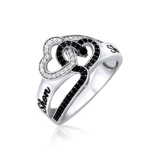 טבעת לבבות שלובים שחור לבן